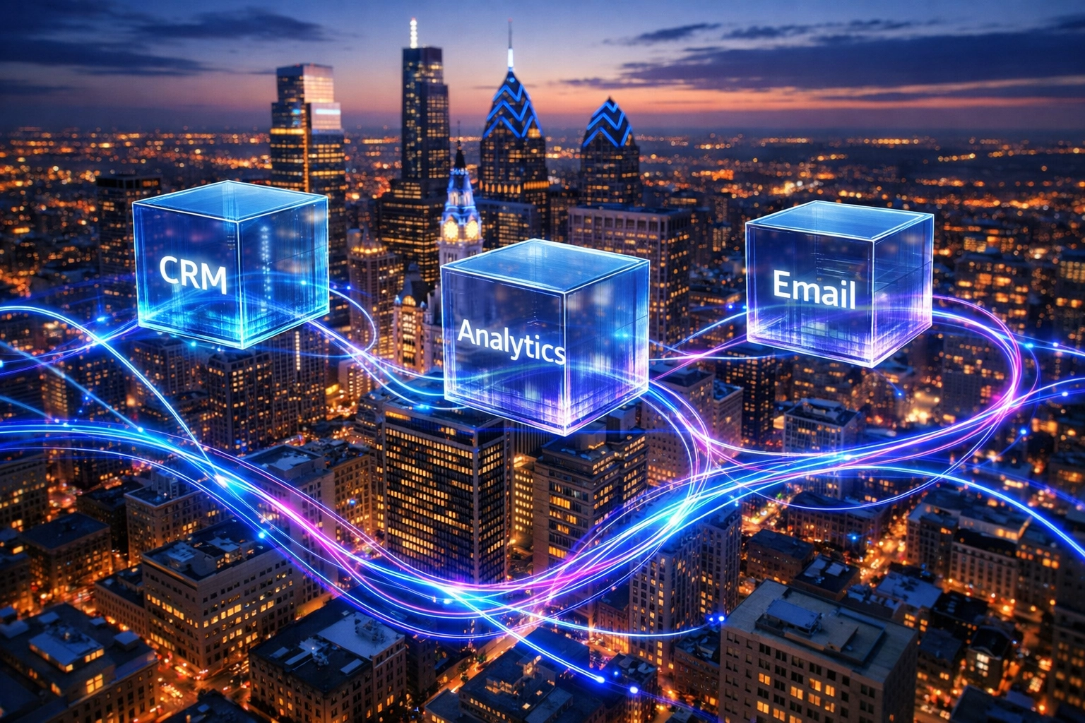Digital Philadelphia skyline with glowing API integrations connecting business software modules.