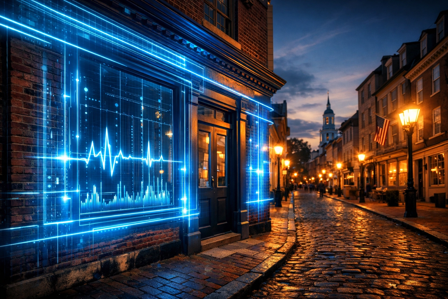 Local SEO for Philadelphia businesses featuring an AI-enhanced digital storefront in Old City.