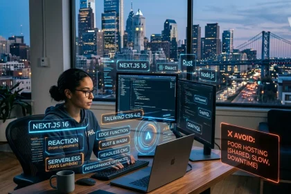 Developer coding modern web app with city skyline view