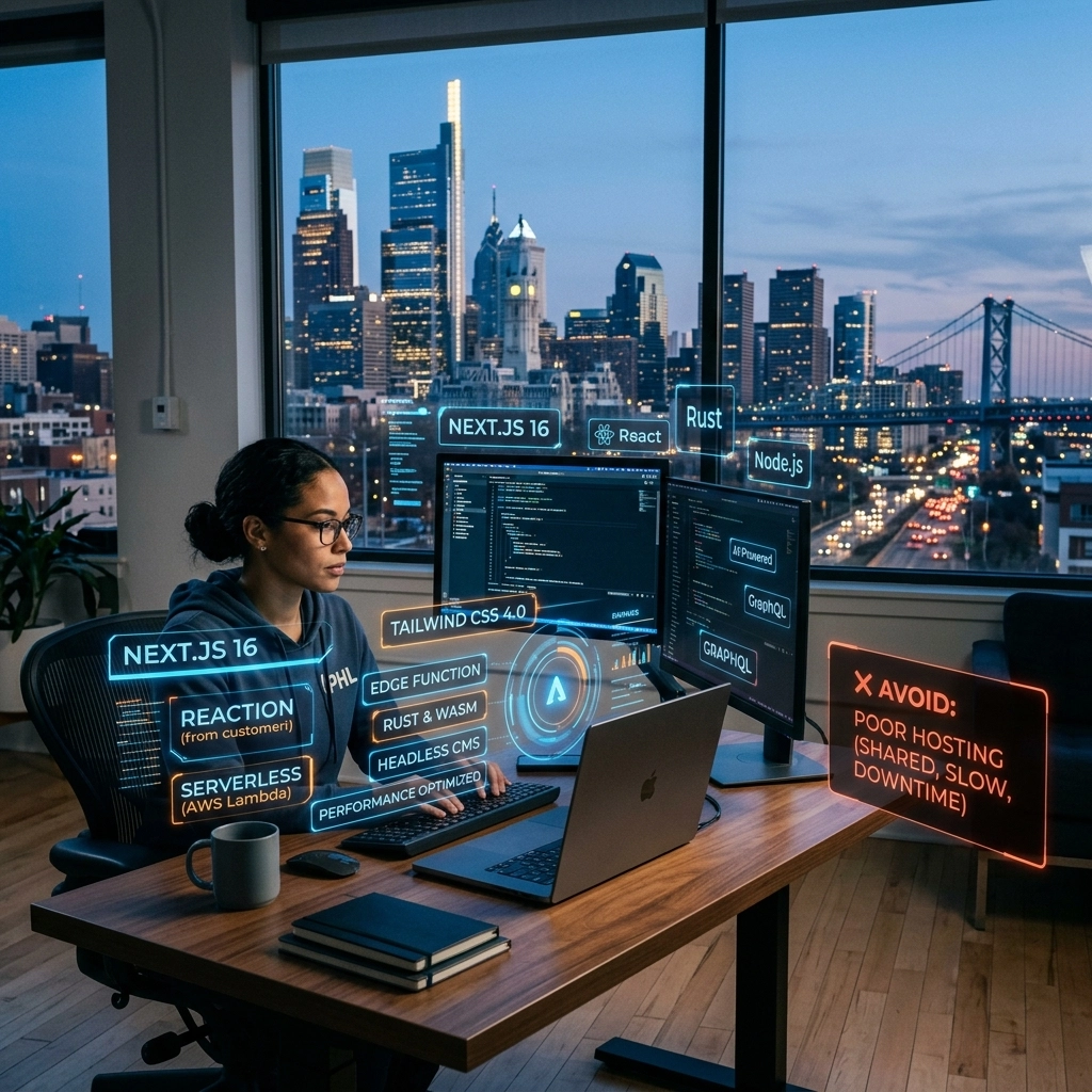 Developer coding modern web app with city skyline view