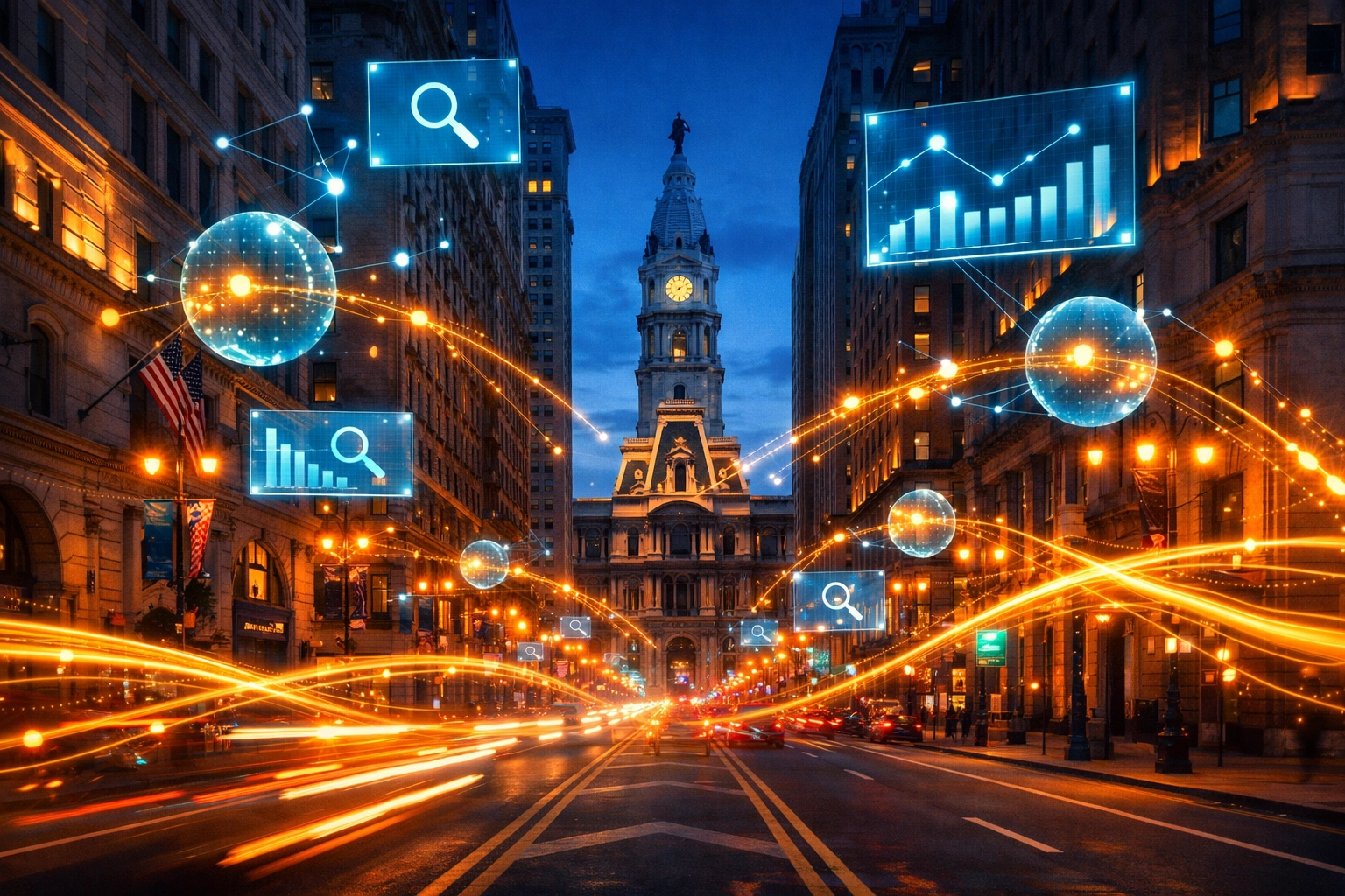 Philadelphia City Hall with digital nodes representing local SEO services and predictive data for businesses.