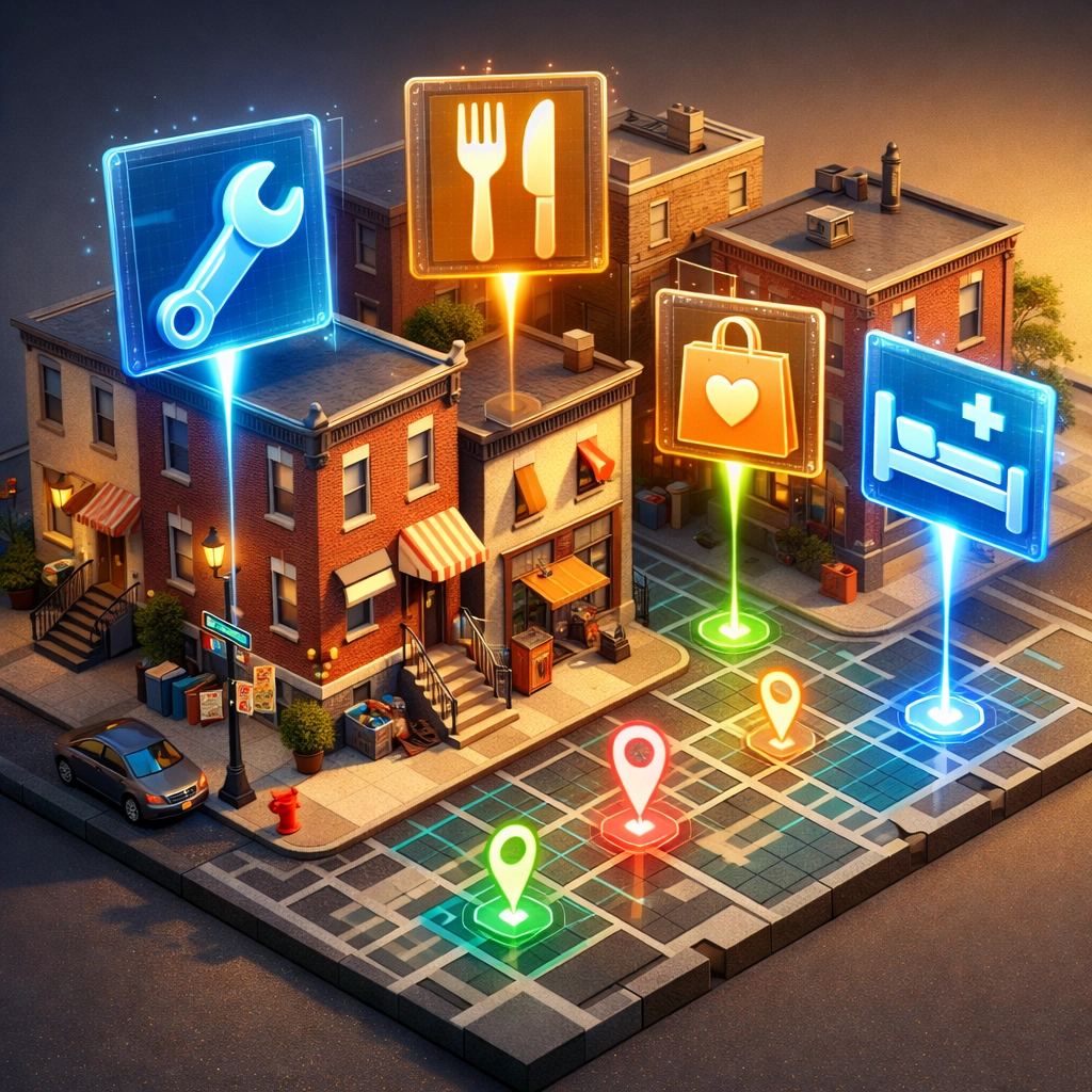 Digital service icons over Philadelphia rowhomes illustrating hyper-local precision of Philadelphia local SEO.