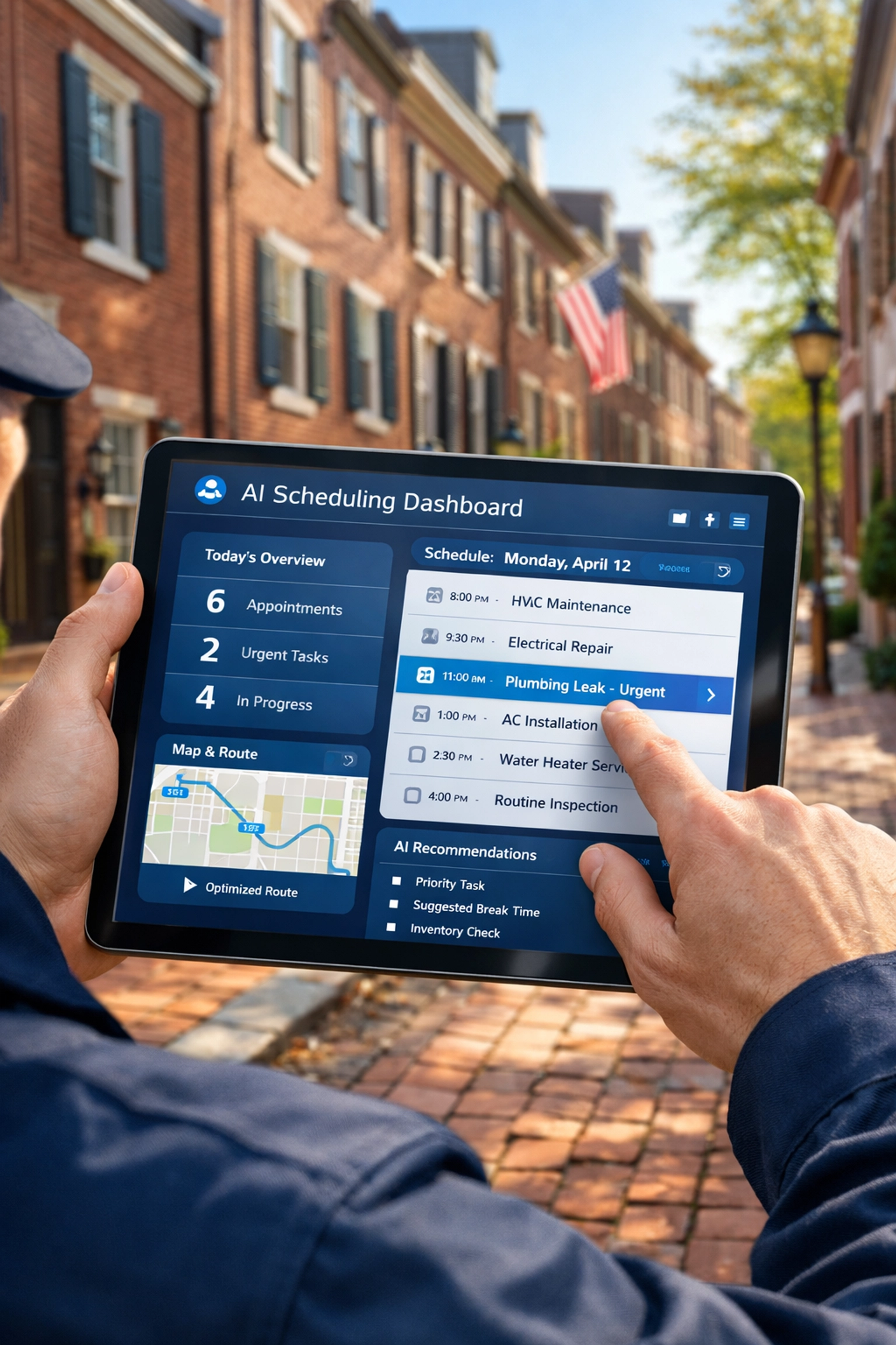 AI scheduling dashboard on a tablet in Philadelphia to improve local SEO for service businesses.