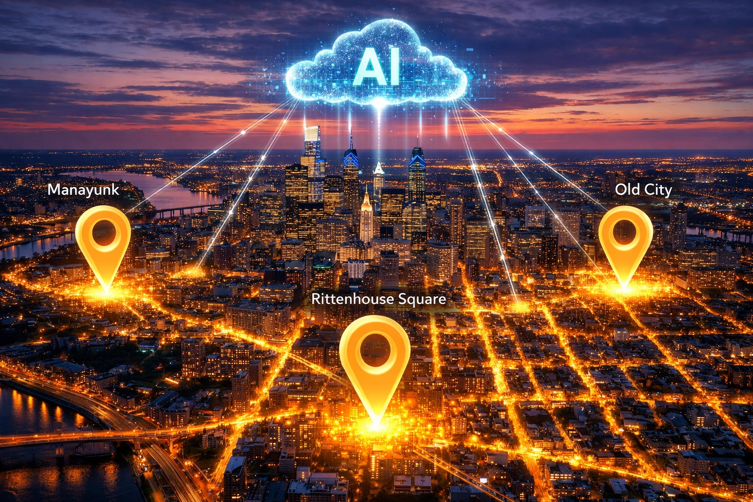 Digital heat map of Philadelphia business districts illustrating local SEO and map pack visibility.