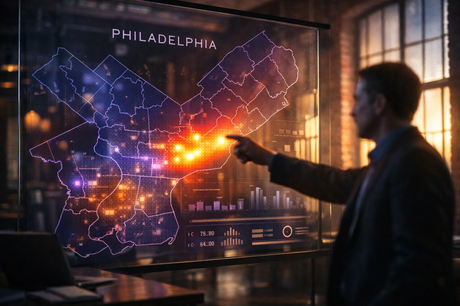 Professional analyzing a neighborhood heatmap to optimize local SEO services for businesses in Philadelphia.