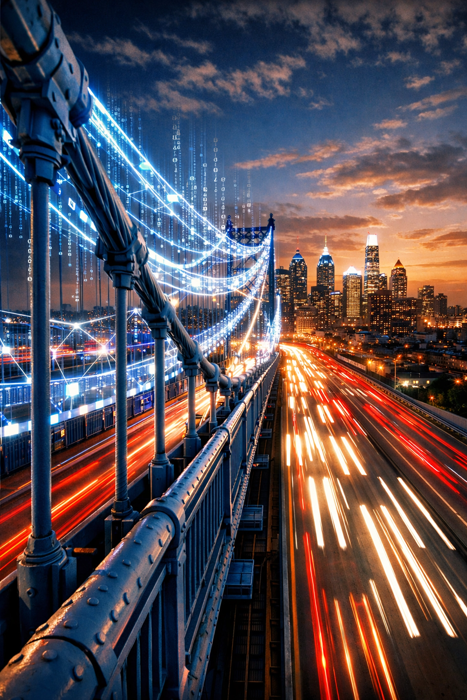 Benjamin Franklin Bridge with digital overlays symbolizing integrated website systems for Philly businesses.