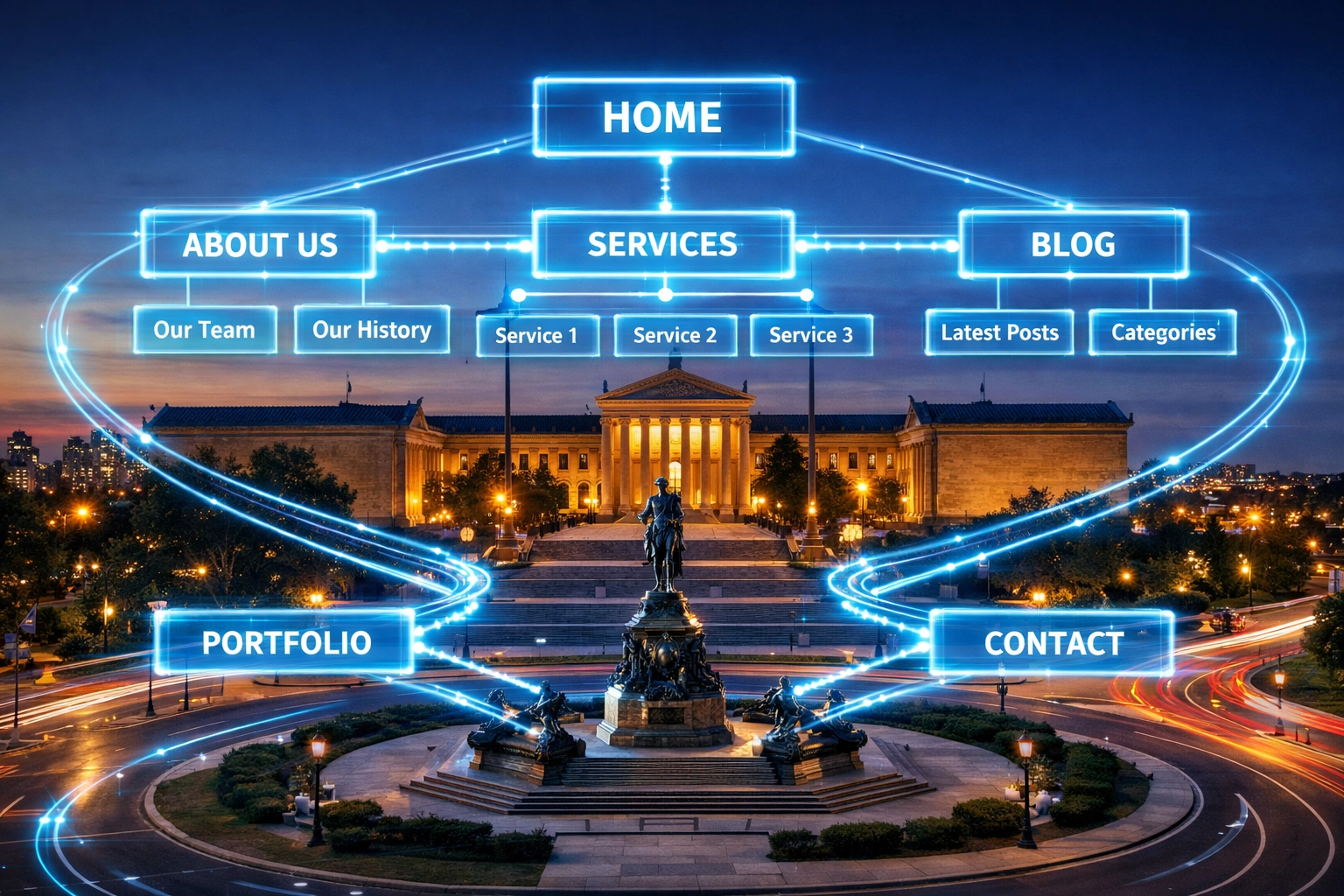 Digital website architecture blueprint over Philadelphia Museum of Art for custom web design SEO.