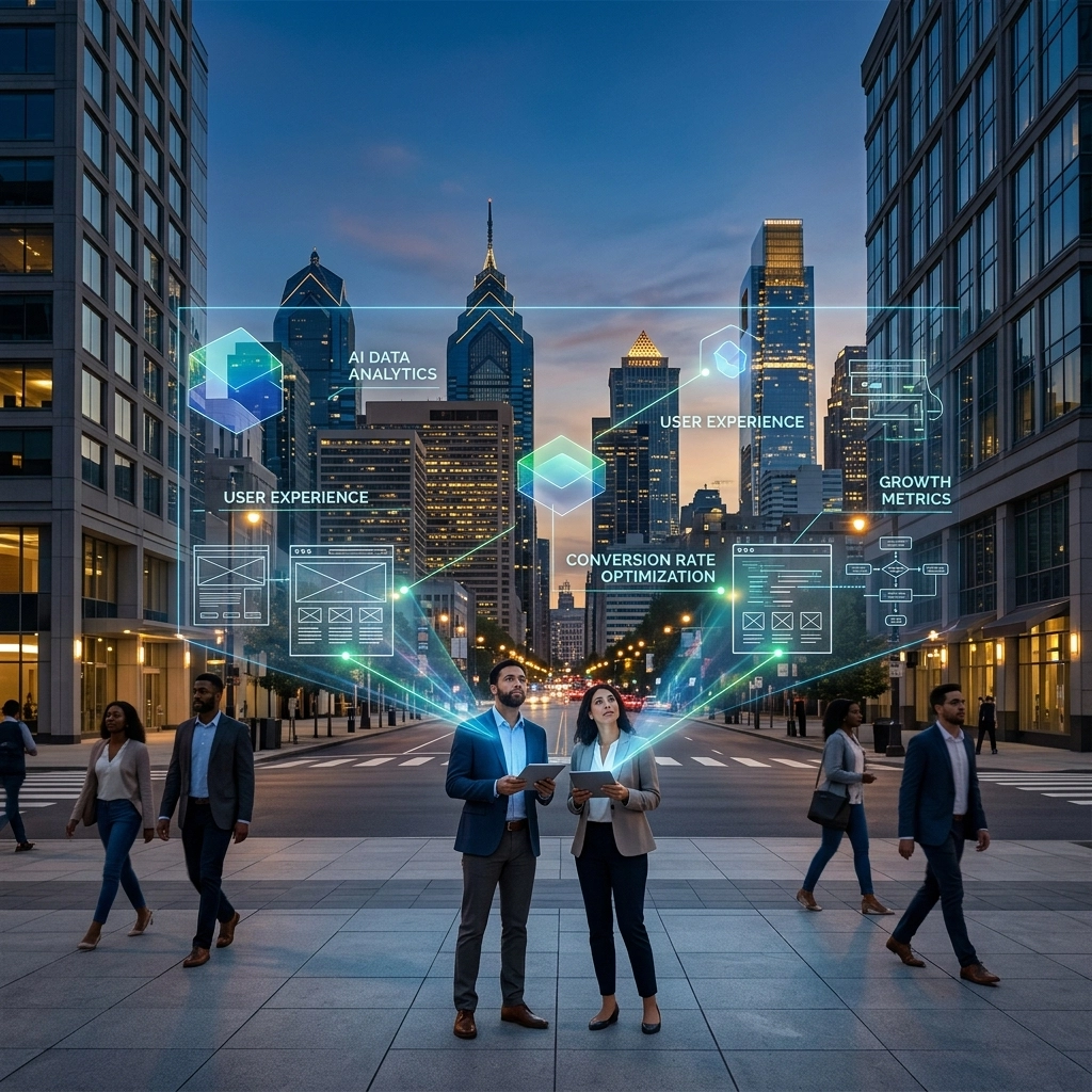 Business professionals analyzing digital marketing data downtown