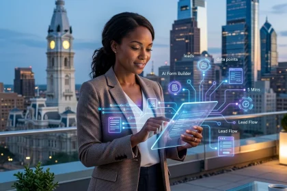 Businesswoman using AI tablet on city rooftop