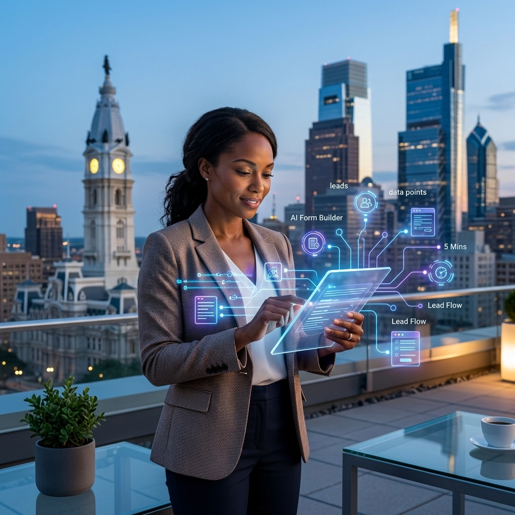Businesswoman using AI tablet on city rooftop