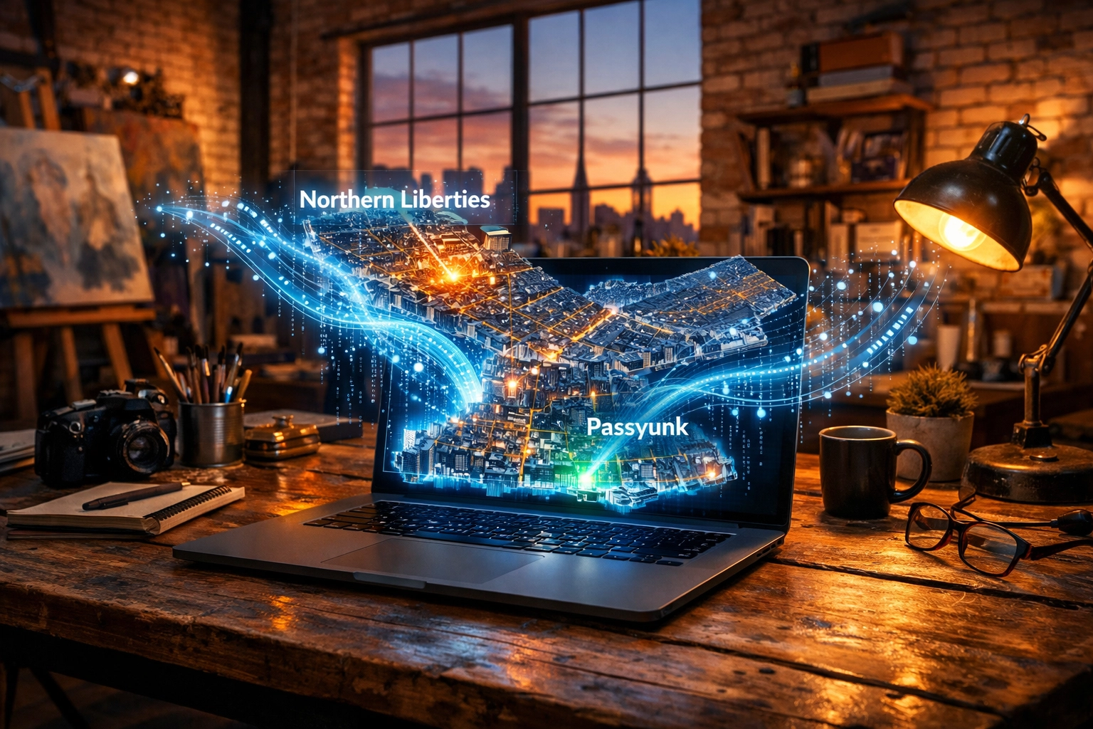 AI-driven Philadelphia local SEO neighborhood mapping on a laptop in a Fishtown loft.