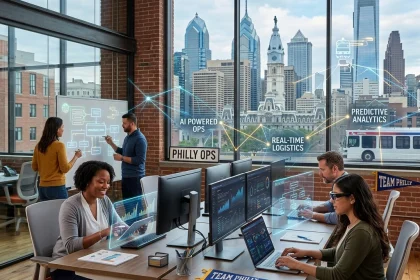Team analyzing AI data in modern Philadelphia office