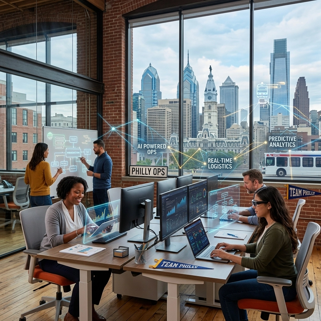 Team analyzing AI data in modern Philadelphia office