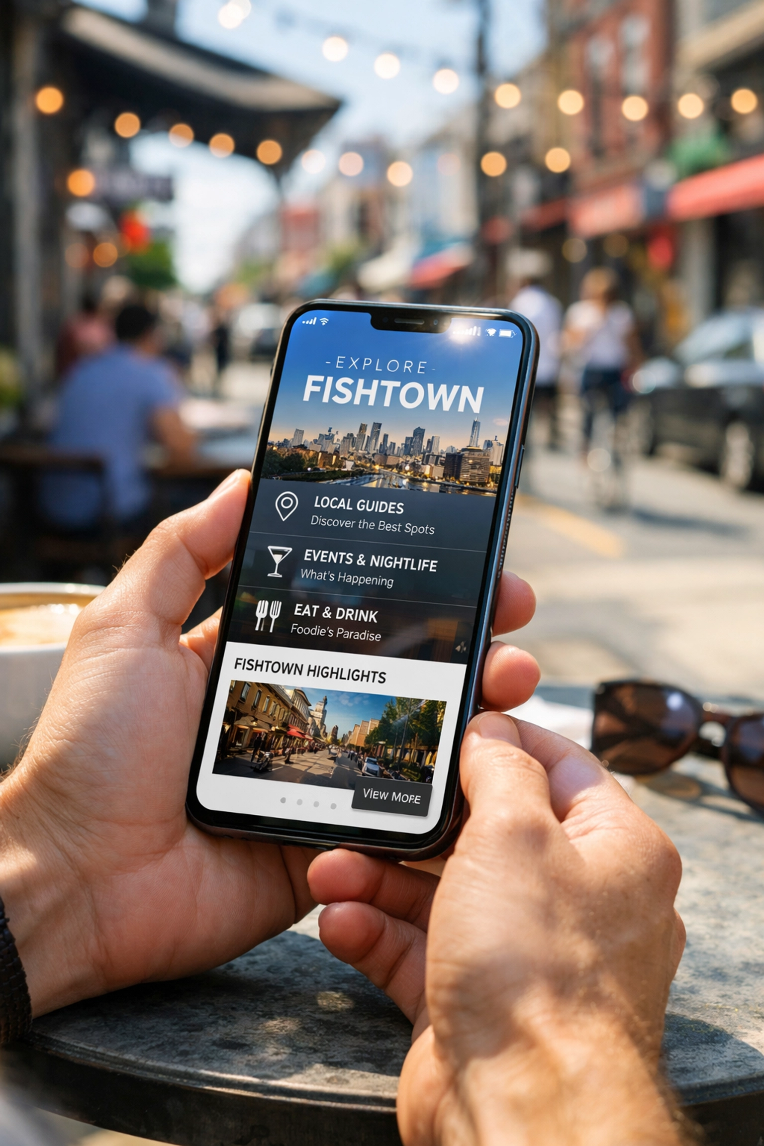 Responsive website design displayed on a smartphone at a local Philadelphia cafe in Fishtown.