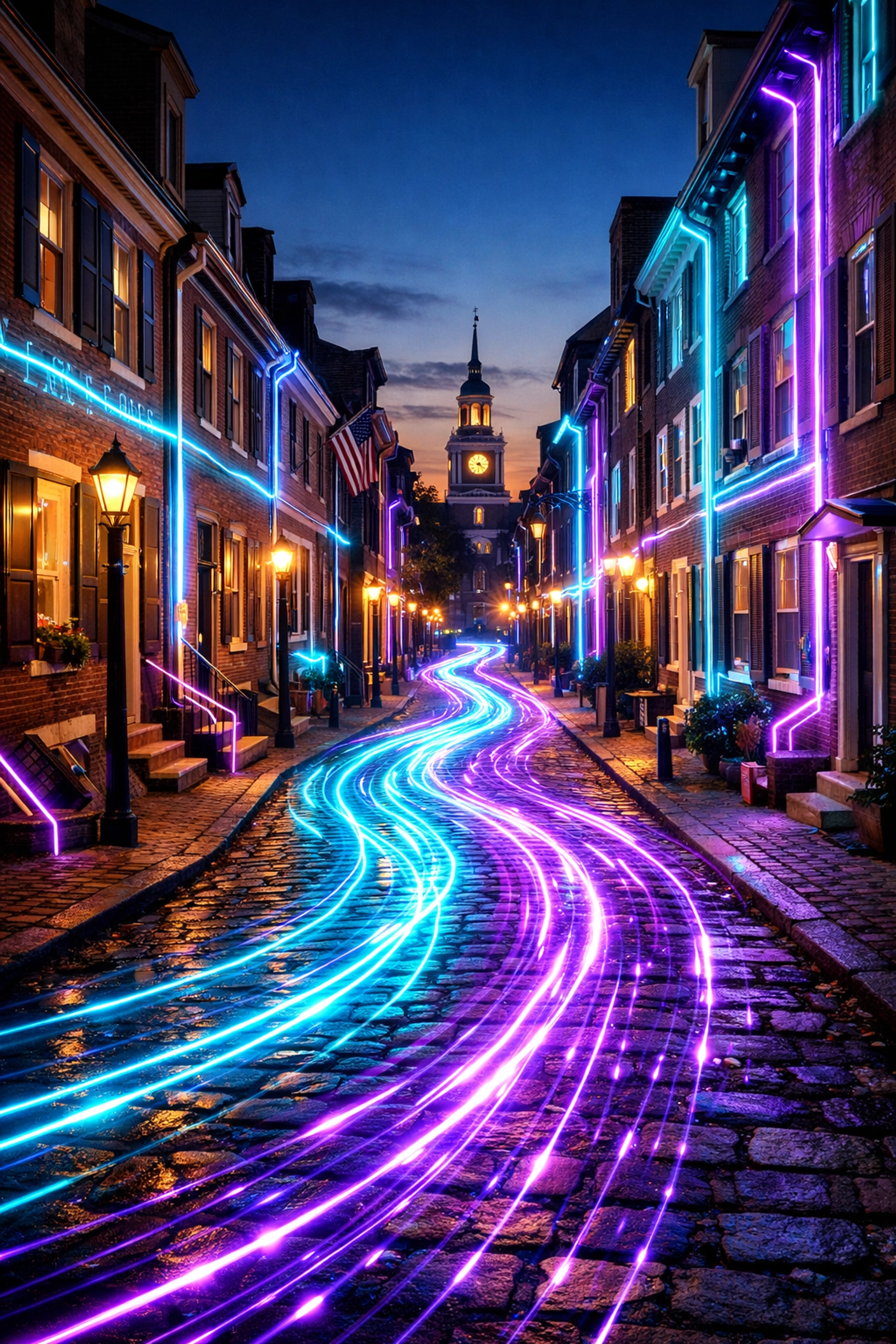 High-speed digital data trails over a Philadelphia street illustrating modern local SEO services infrastructure.