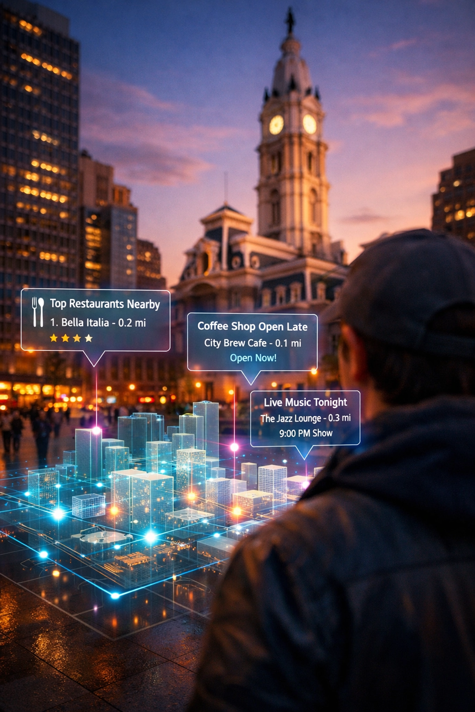 AR interface showing Philadelphia local SEO search results in Dilworth Park with City Hall background.