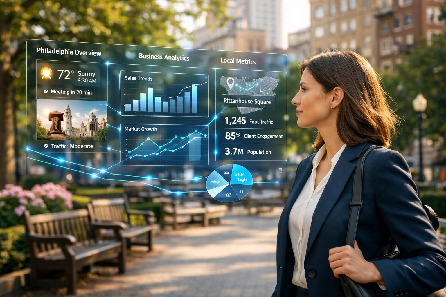 Professional in Philadelphia viewing personalized business data via a custom web design interface.