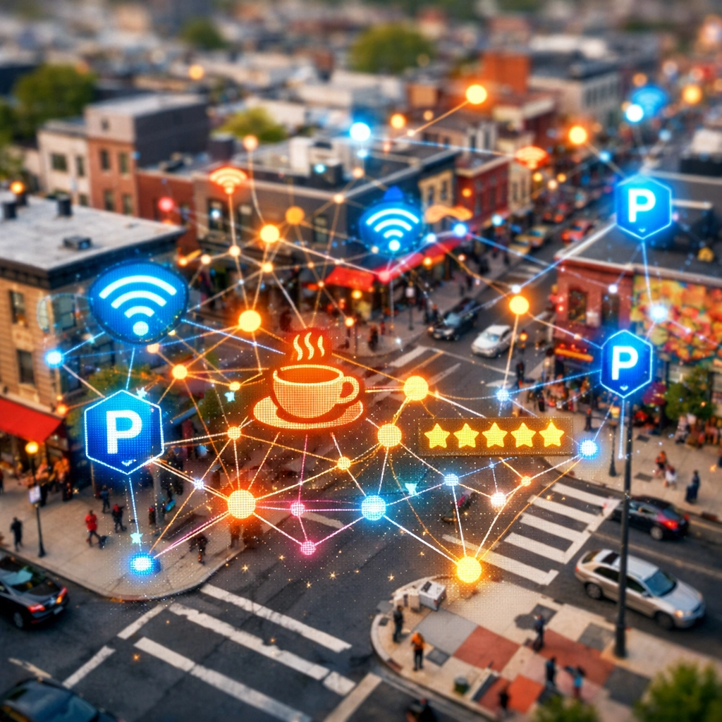 Digital intent clusters over Fishtown street helping businesses in Philadelphia with local SEO optimization.