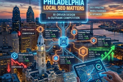 Philadelphia skyline with AI-powered local SEO data.