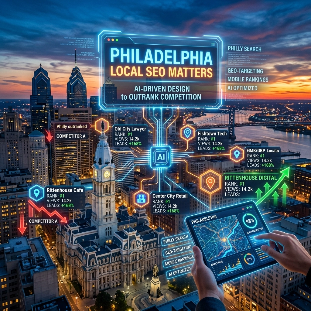 Philadelphia skyline with AI-powered local SEO data.