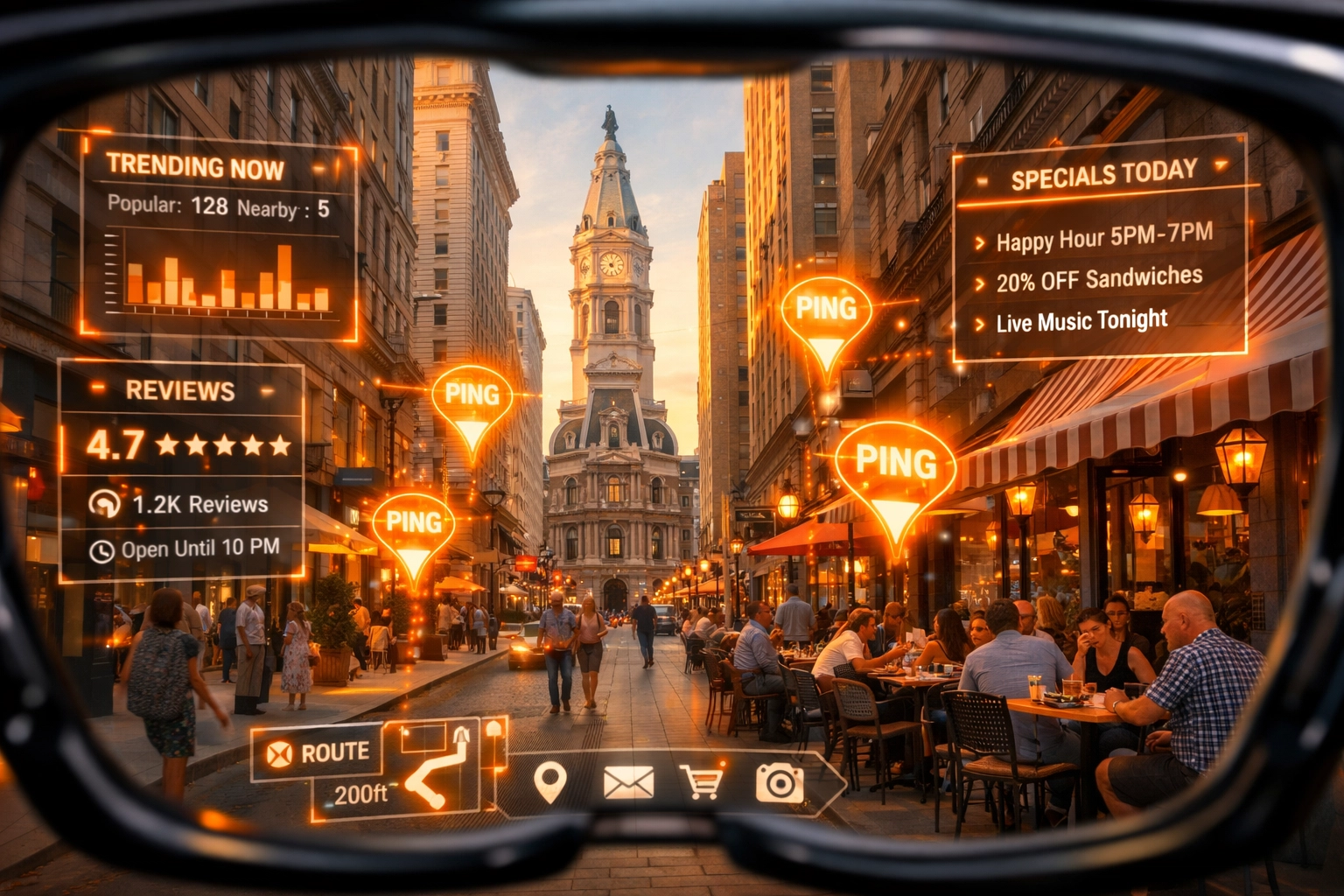 Augmented reality icons over a Philadelphia business storefront representing Google Business Profile optimization.