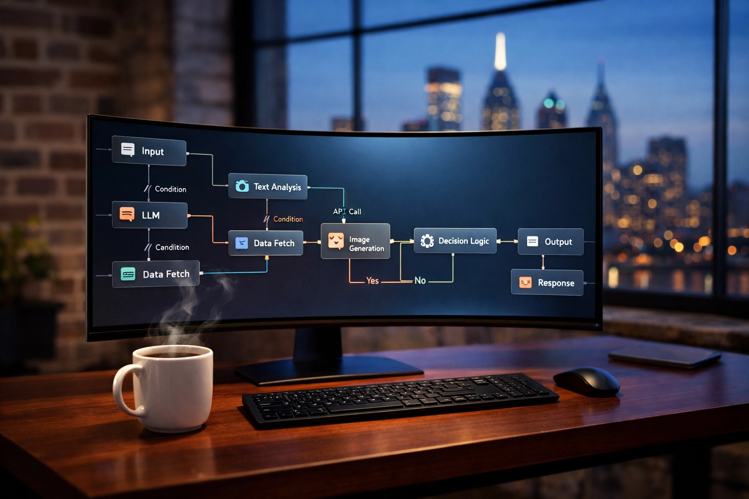 Automated AI workflows and website stack displayed in a modern Philadelphia business office.