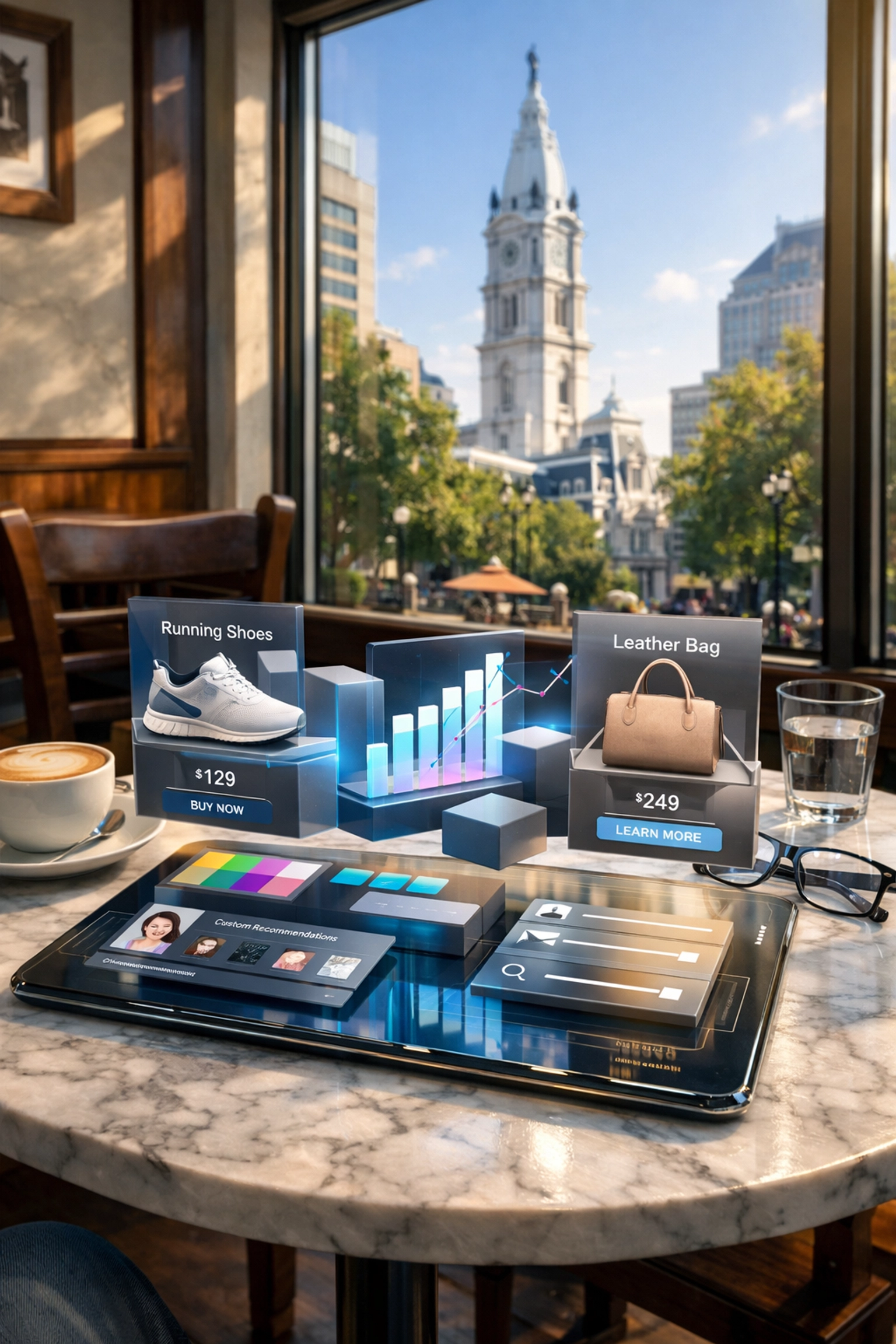 Generative AI user interface on a tablet at Rittenhouse Square showcasing custom web design in Philly.