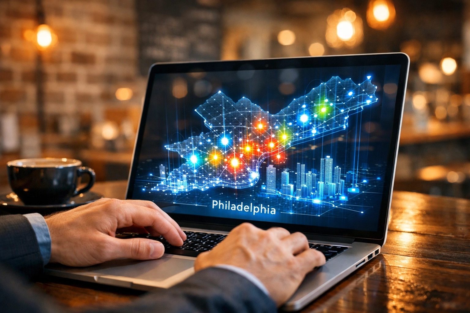 Professional analyzing Philadelphia local SEO heat maps at a laptop in a Fishtown office.