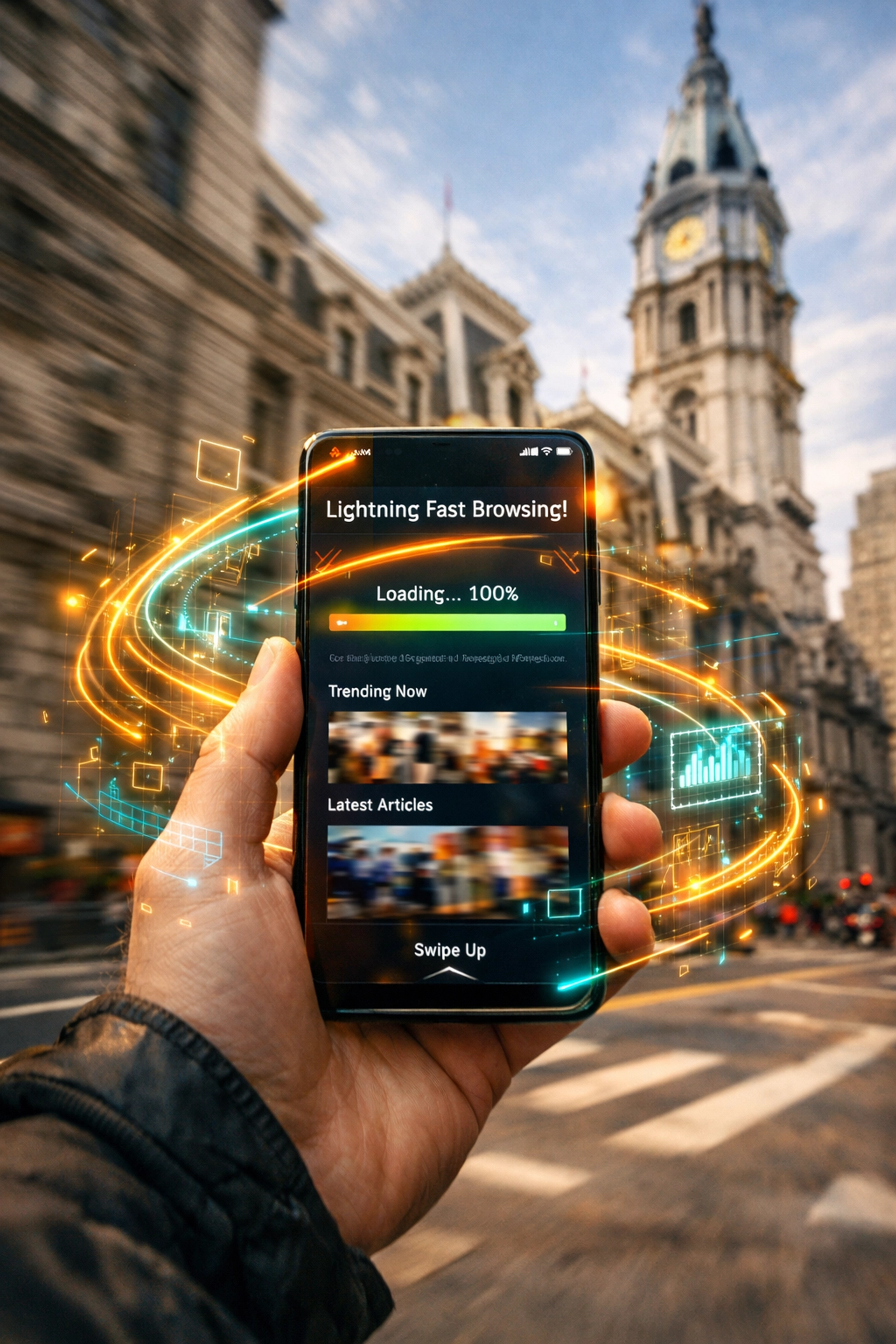 Mobile web design optimized for speed on a smartphone near Philadelphia City Hall.