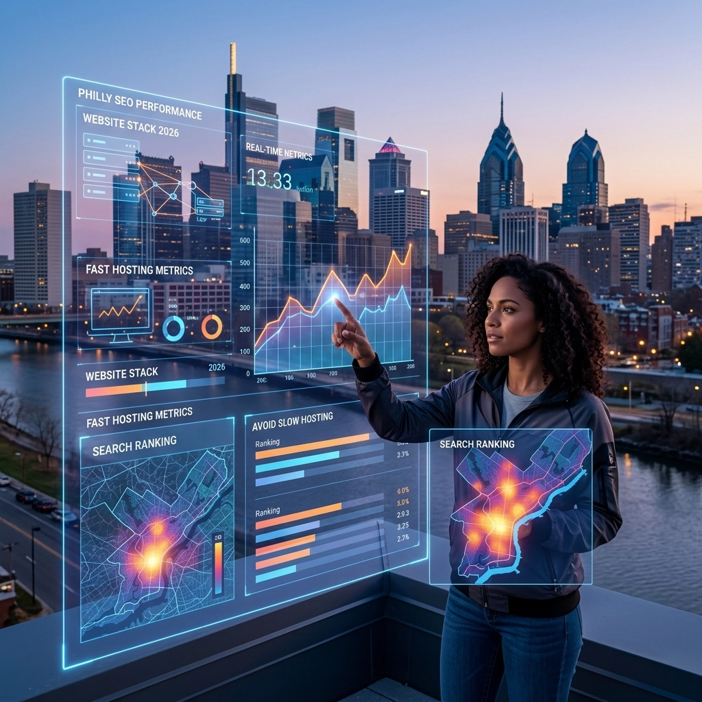 Woman analyzing futuristic SEO metrics in city skyline.