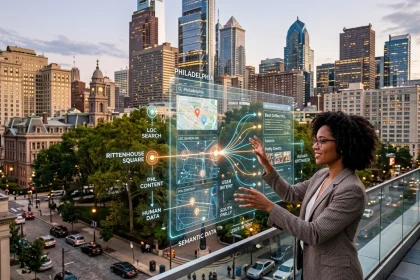 Businesswoman using futuristic data interface in cityscape