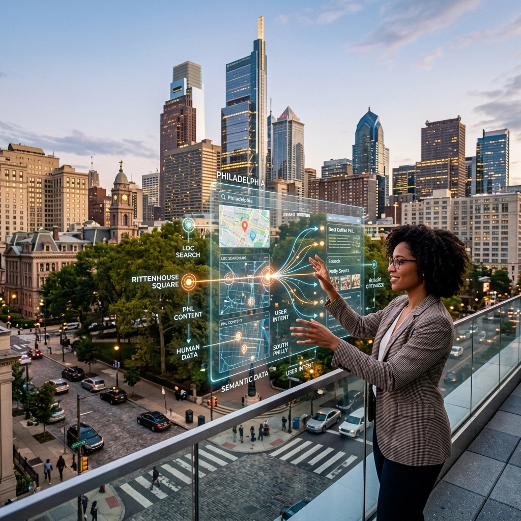 Businesswoman using futuristic data interface in cityscape