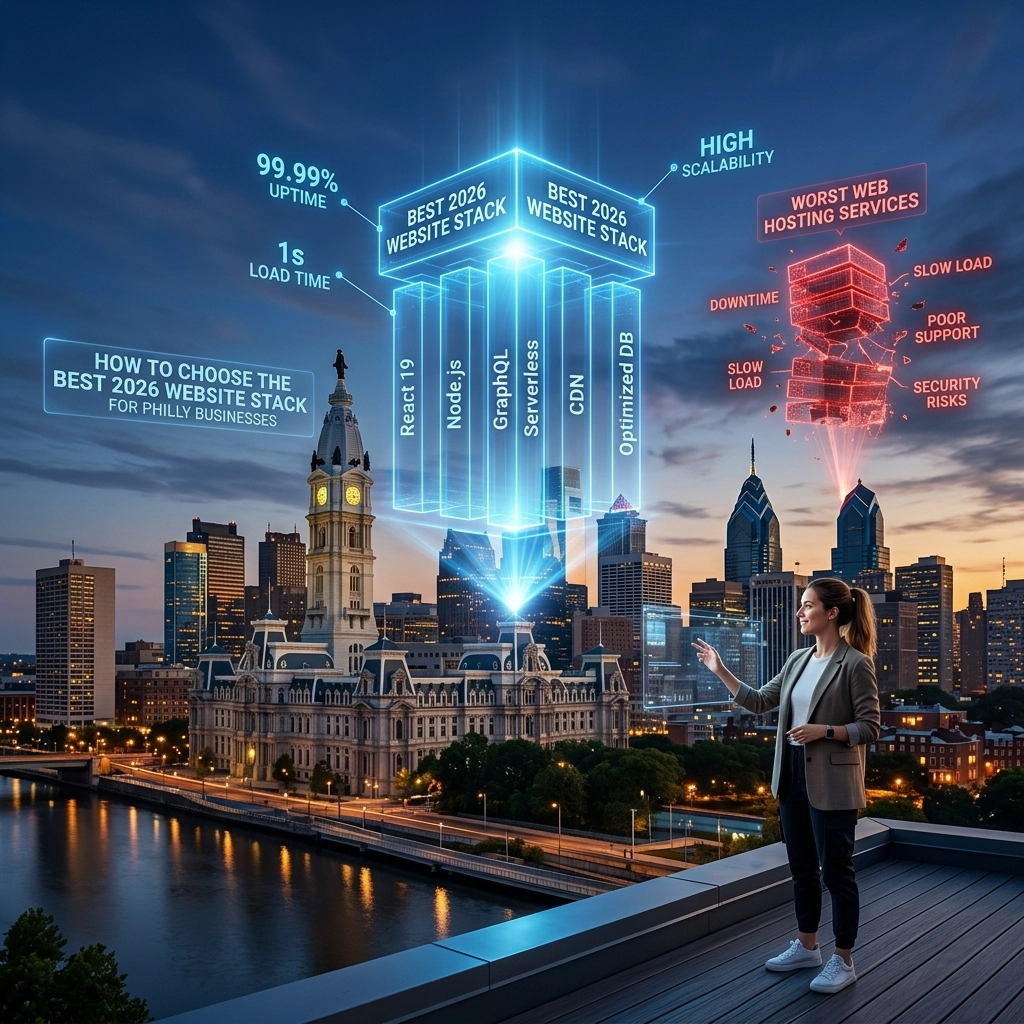 Woman comparing 2026 website stacks over city skyline