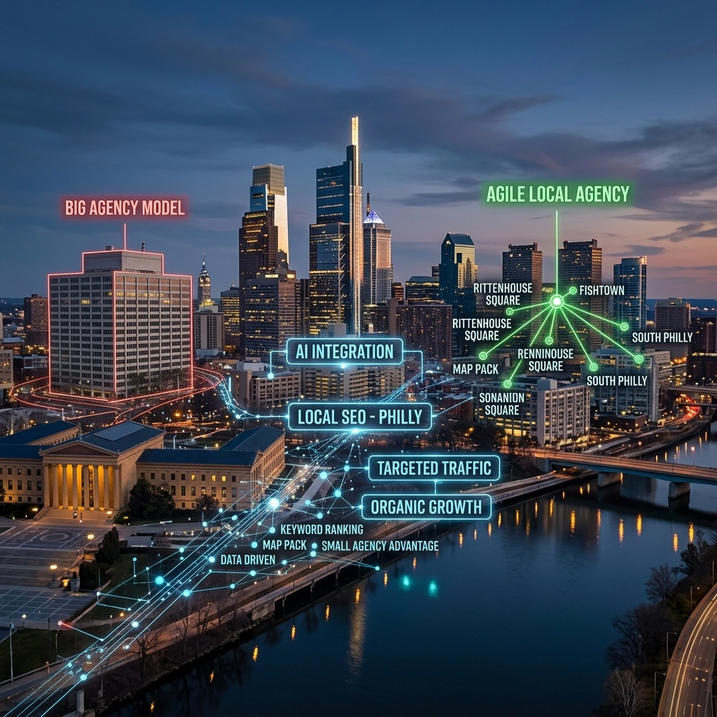 Philadelphia skyline with digital marketing network overlay
