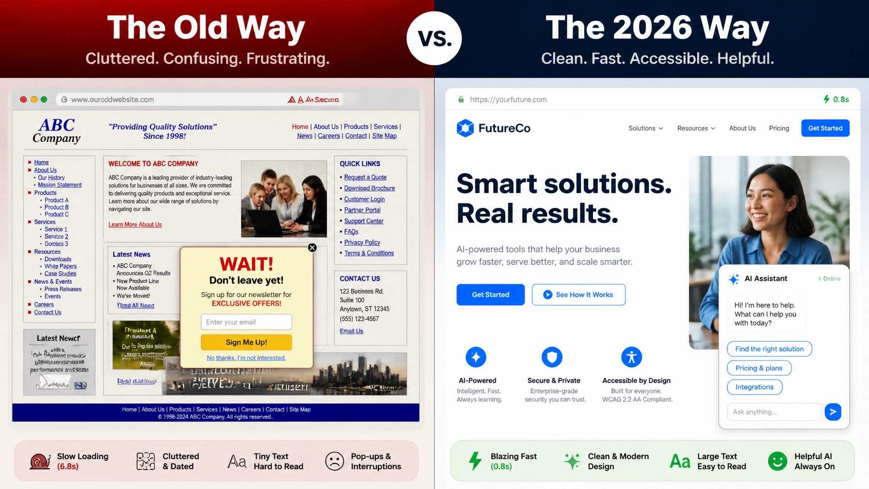 A side-by-side comparison of a cluttered 'Old Way' website vs. a clean, accessible '2026 Way' design.