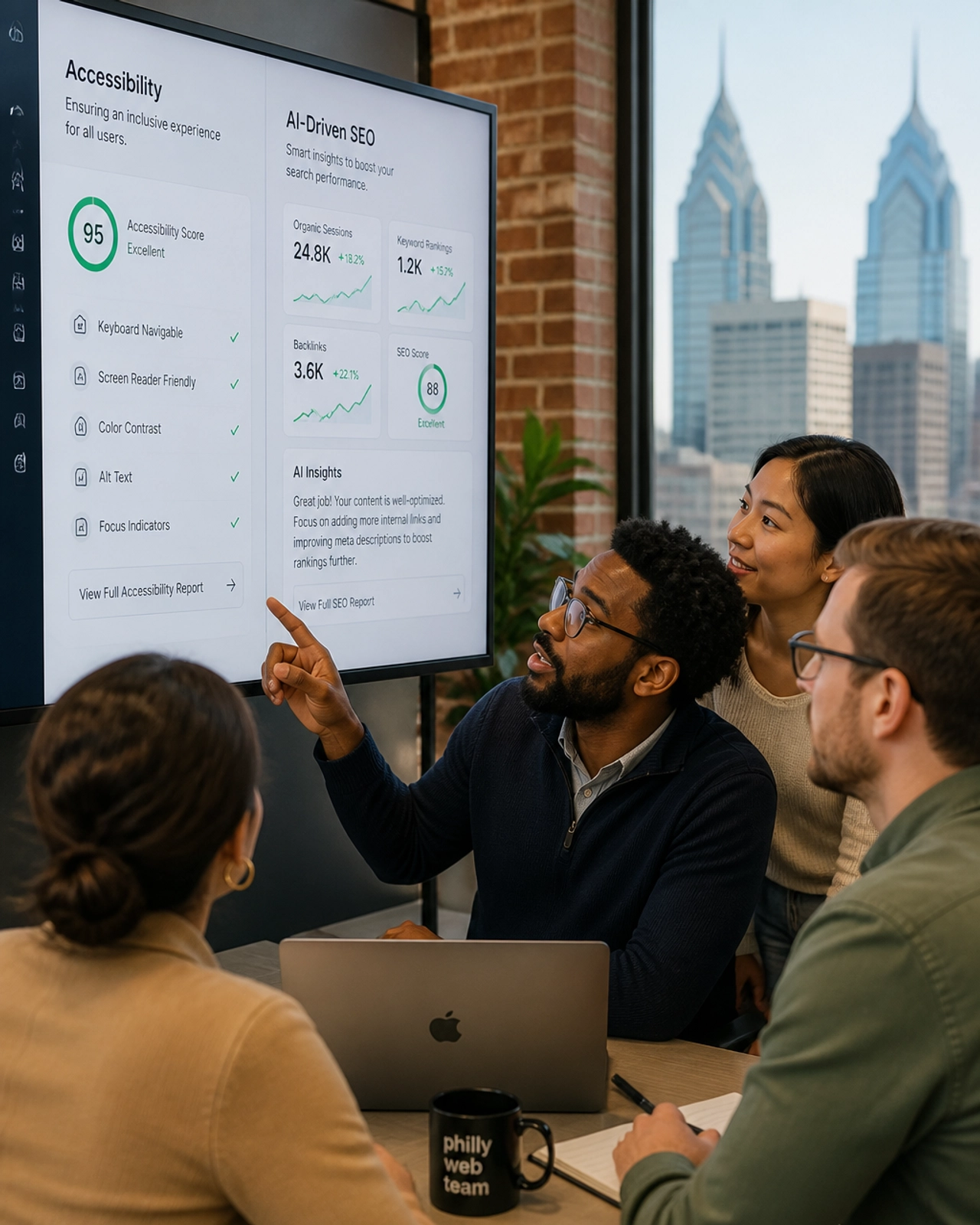 A diverse group of people in a Philadelphia office reviewing an AI-driven SEO dashboard and accessibility features.