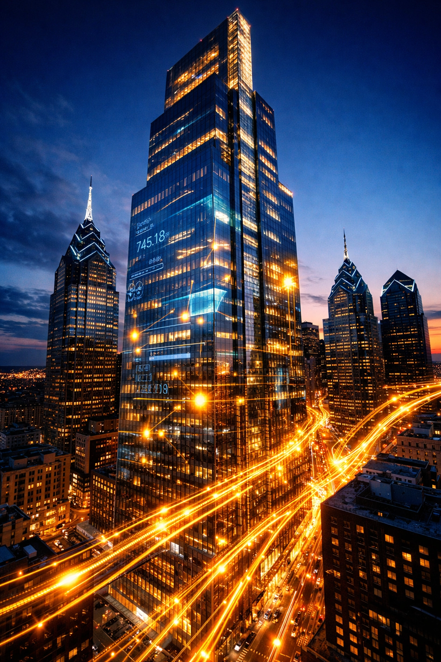 Philadelphia skyline at dusk with high-speed data streams for optimized local SEO performance.