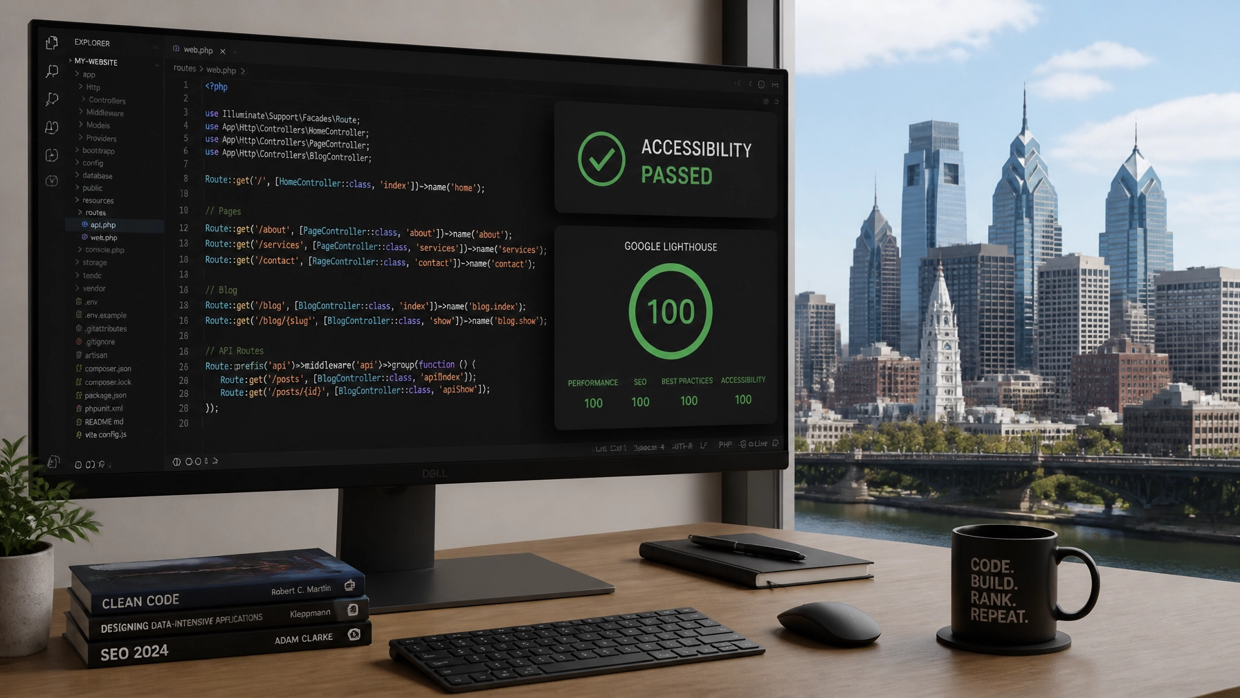 A professional workspace showing a monitor with clean code and high performance scores, with the Philly skyline in the background.