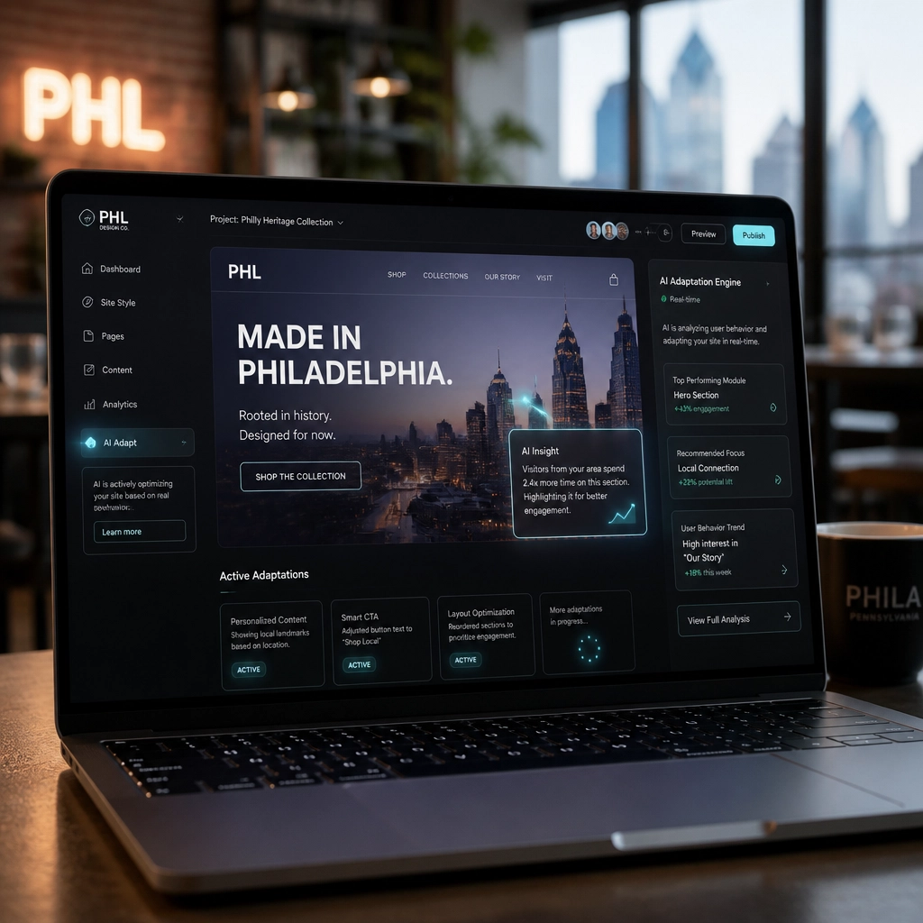 Modern laptop screen showing a dynamic, shifting AI-powered web interface