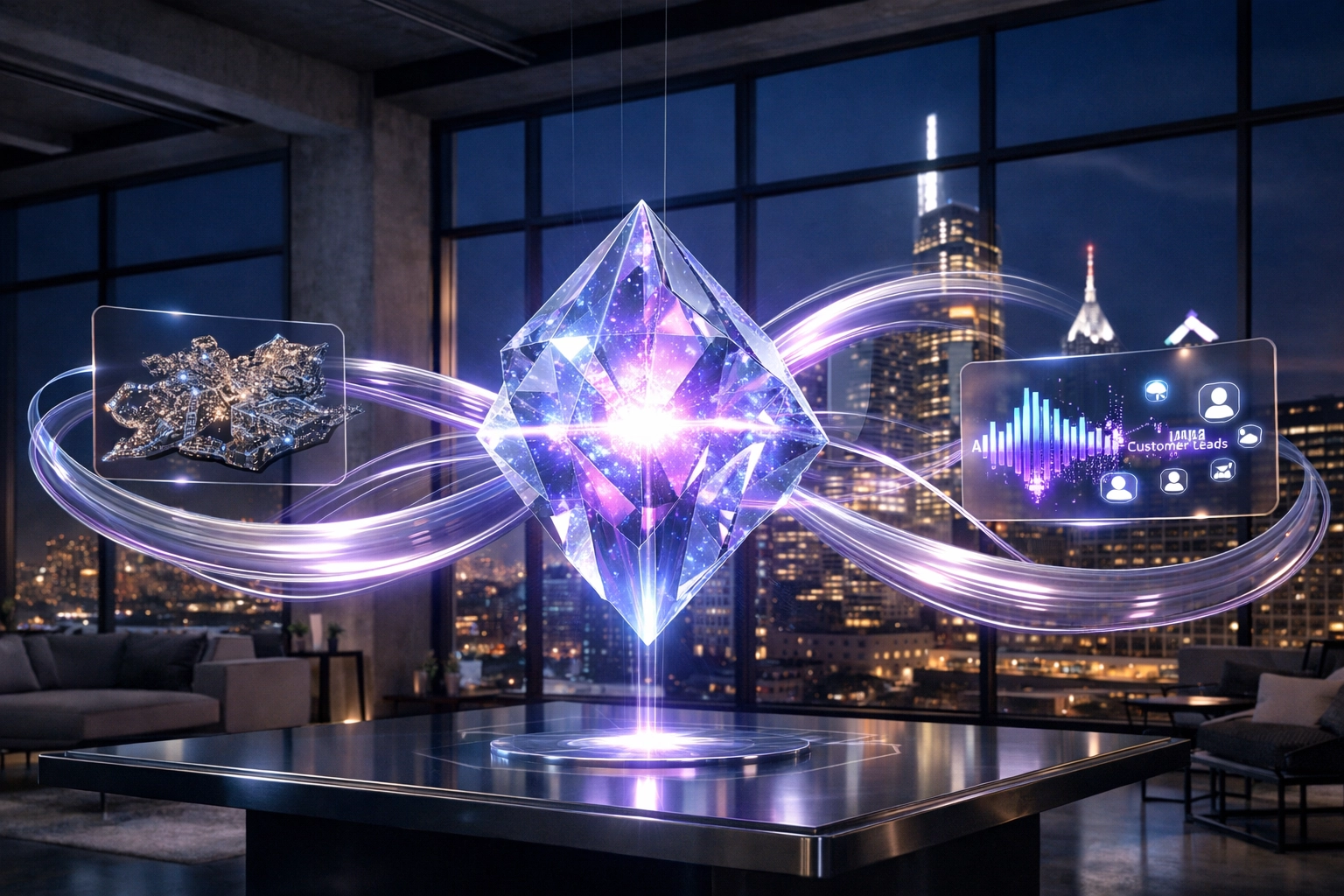 Integrated digital hub with AI data nodes and Philadelphia skyline view representing smart website architecture.