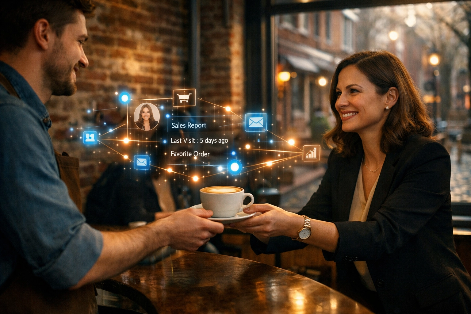 Professional in a Philadelphia cafe receiving personalized service via CRM data integration.