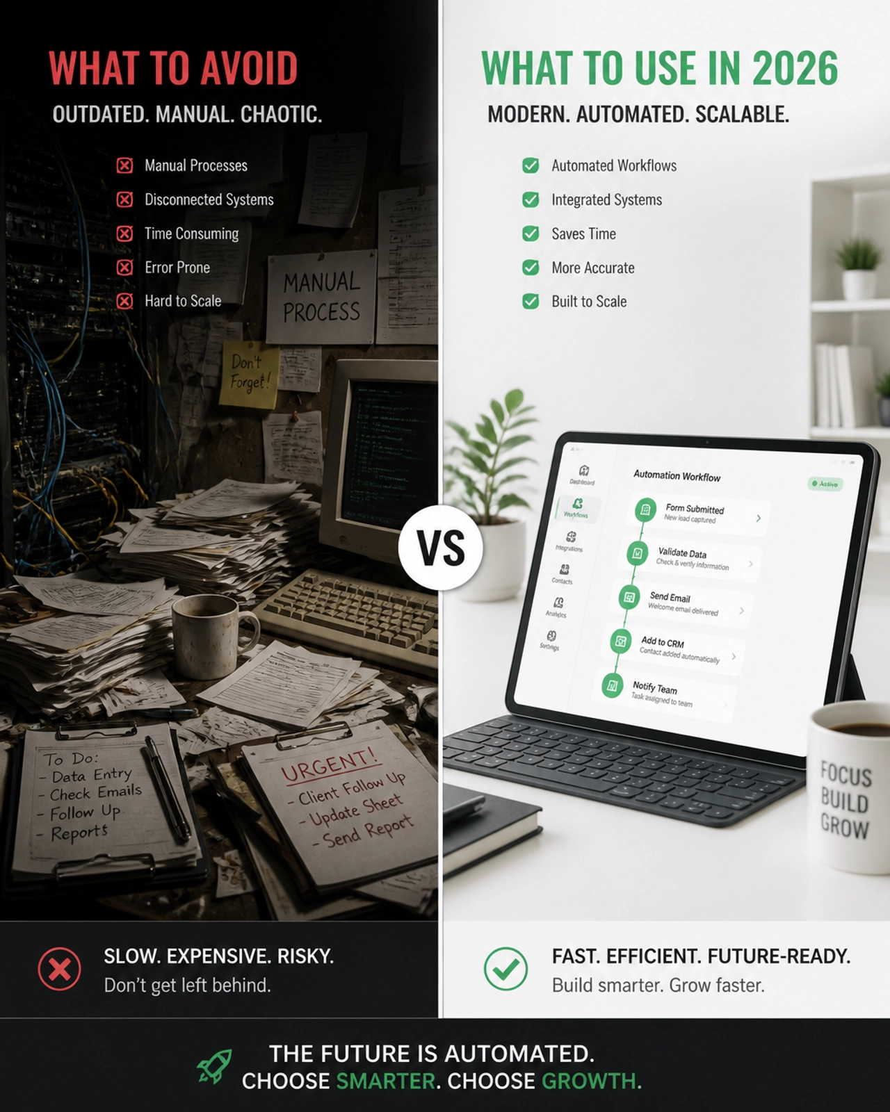 A split-screen comparison of a messy, outdated office vs. a clean, automated modern workspace