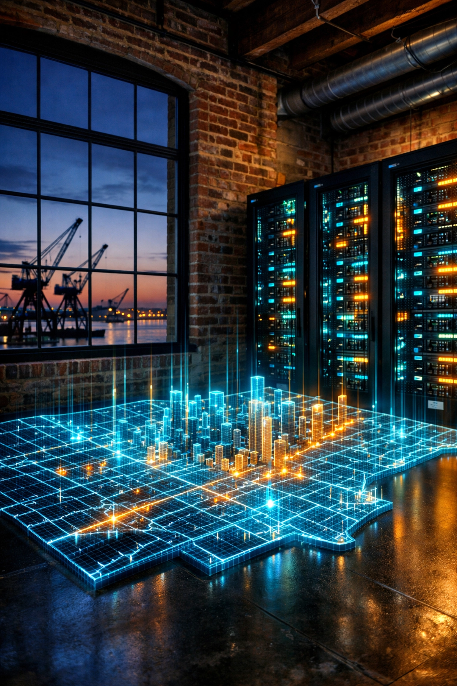 Futuristic Philadelphia server room providing a powerful digital foundation for professional custom web design.