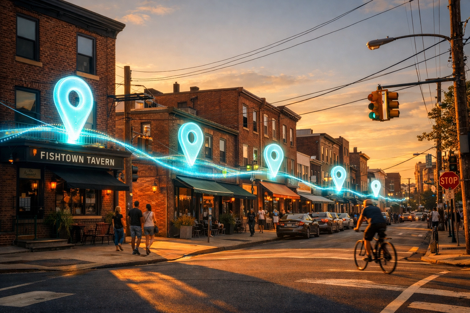 Digital data pins over Fishtown storefronts showing hyperlocal Philadelphia local SEO targeting.