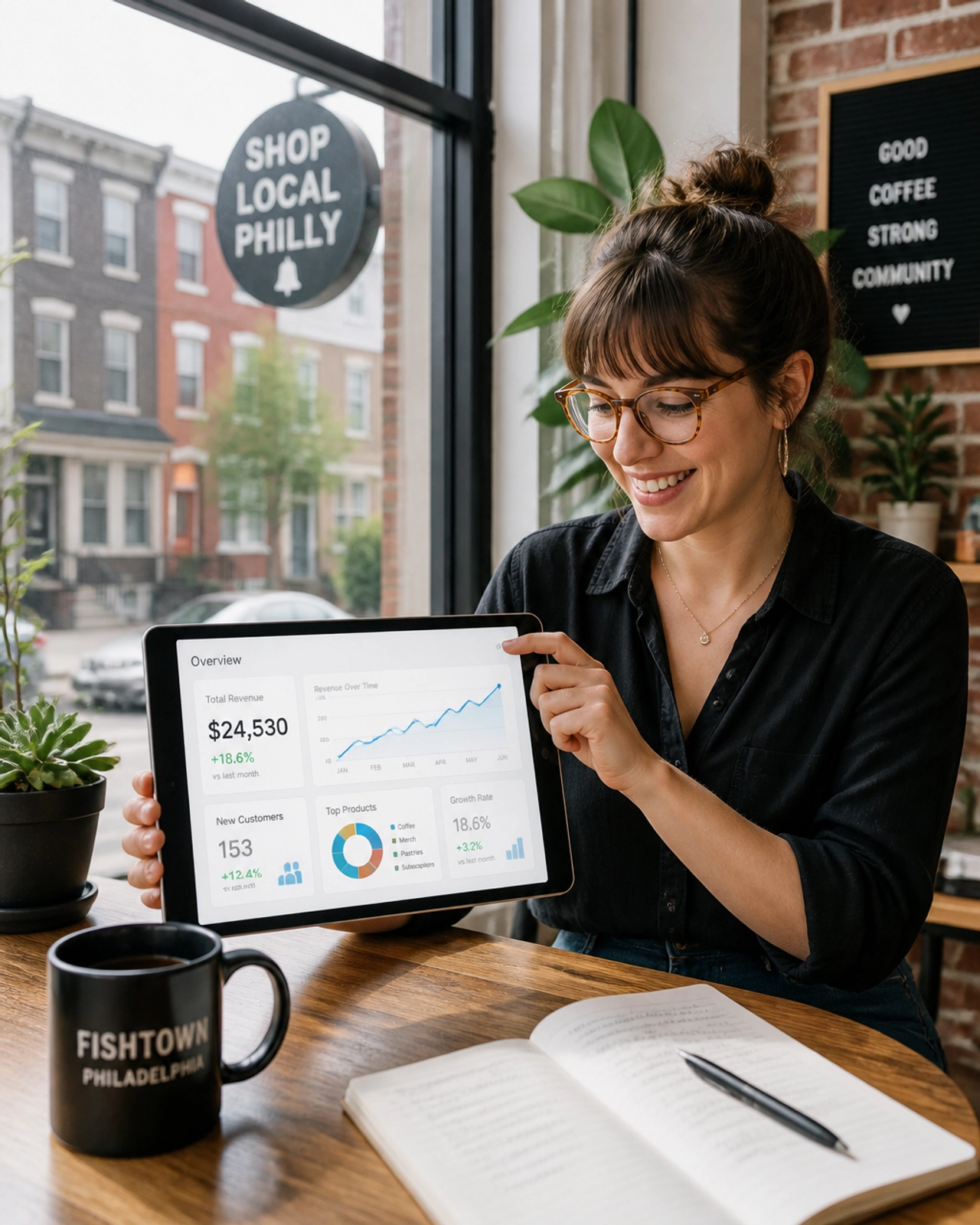 Smiling Philadelphia business owner using a tablet with growth analytics in a Fishtown cafe