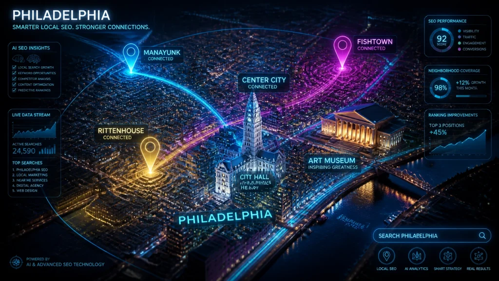 Digital Philadelphia map with SEO analytics overlay