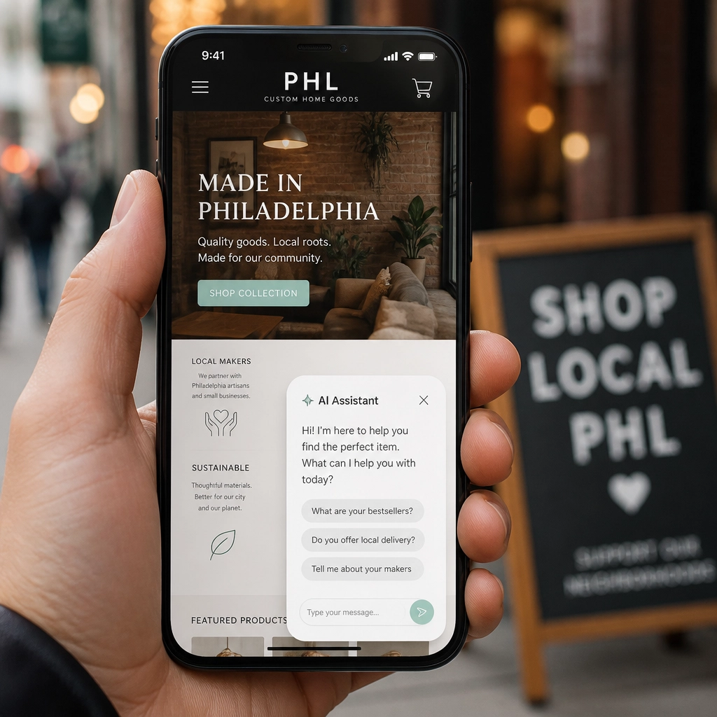 A smartphone screen displaying a custom Philadelphia business website with a helpful AI assistant