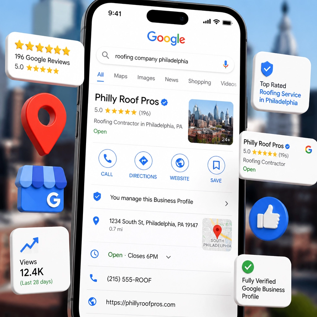 A smartphone screen showing a highly optimized Philadelphia local search result with high ratings