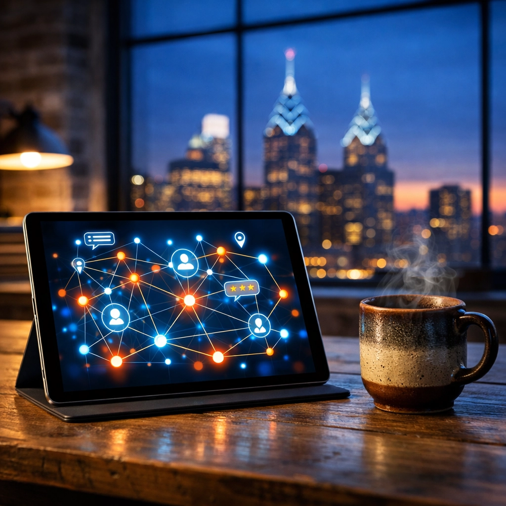 Tablet displaying a network of local citations and reviews with the Philadelphia skyline in the background.