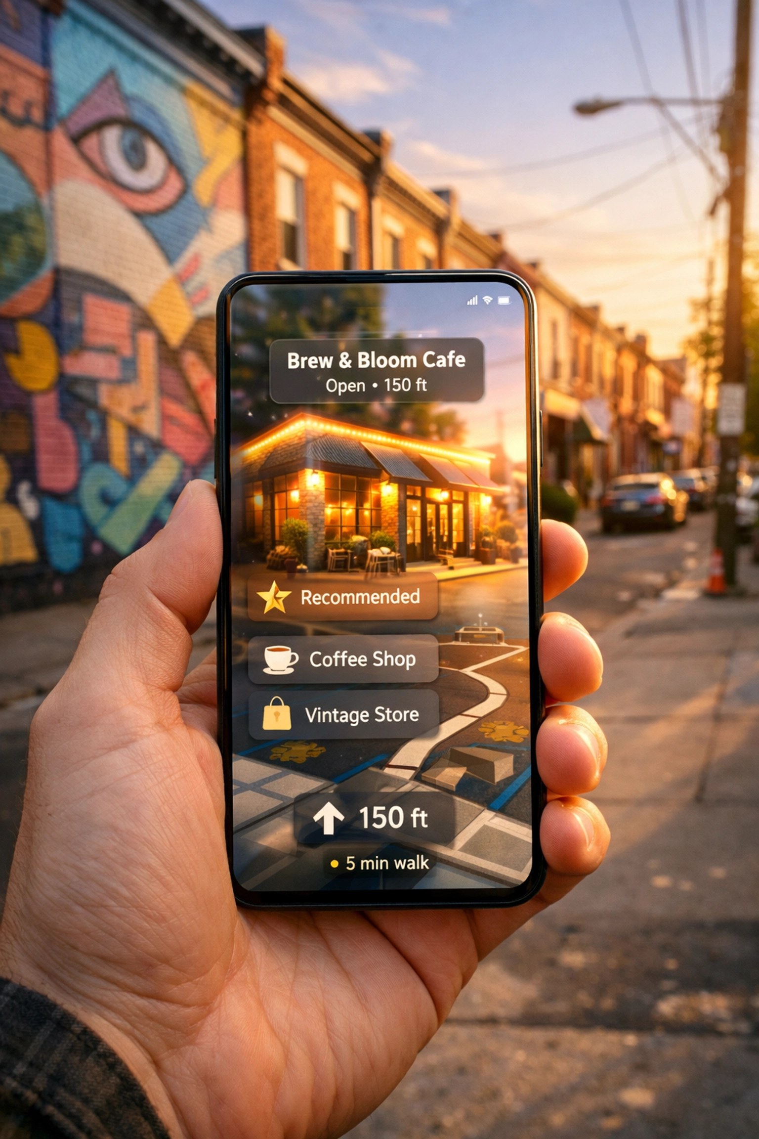 Smartphone displaying a localized AR map for finding businesses in Philadelphia neighborhoods like Fishtown.